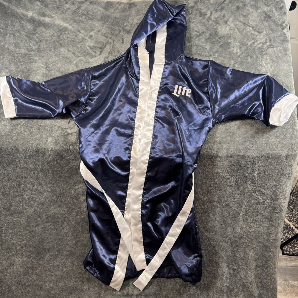 Miller Lite Boxing Robe Navy Blue Satin Hooded Costume XL BigLogo Beer Halloween